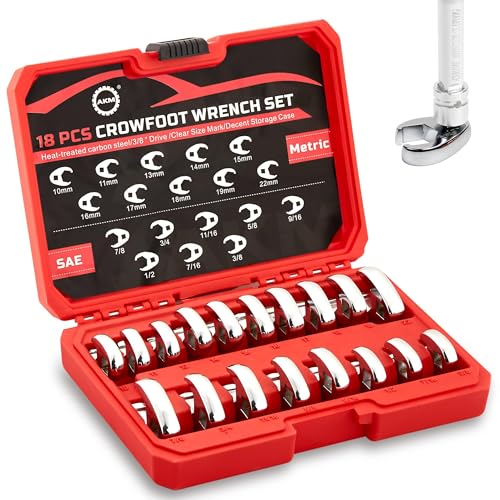 AKM 18PCS Crows Foot Wrench Set, 3/8" Drive Flare Nut Crowfoot Set, 6 Point Crows Feet Wrenches, Metric 10-22mm & SAE 3/8"-7/8" with Organizer Box, Cr-v Steel, Fully Polished Clear Mark