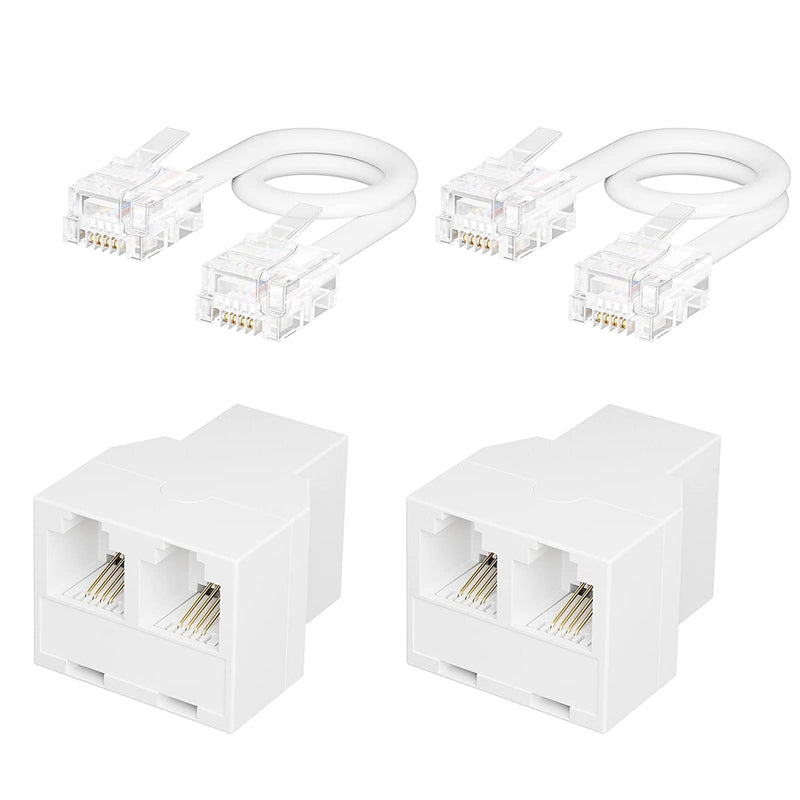 Uvital Phone Jack Splitter, Phone Line Splitter for Landline Telephone, RJ11 6P4C 1 Female to 2 Female Adapter, Comes with 4 Inch Cable(White,2 Pack) 2Pack White