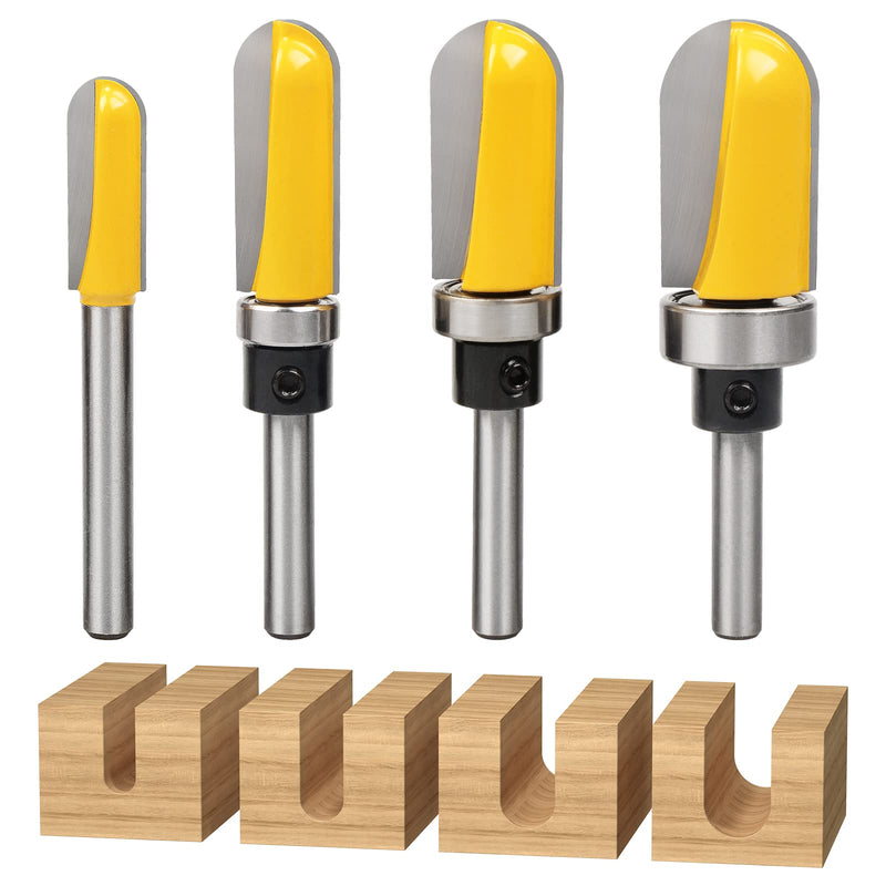 Exqutoo 4Pcs 1/4" Shank Carbide Round Nose Groove Router Bit Set Template Router planing Head Set with Ball Bearing Engraving Router planing Head Wood Cutter Woodworking Tools Carving Cutting Tool 3.94 x 3.35 x 1.18 inches/4Pcs