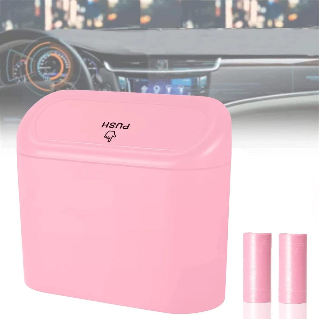 Car Trash Can, Mini Trunk Push Hanging Portable Car Bin with 2 roll Disposable Trash Bag for Car, Home, Office. (Car Trash can Pink) Car Trash can pink