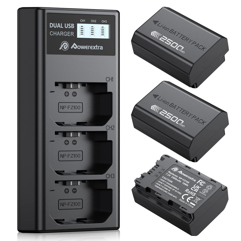 Powerextra Replacement Sony NP-FZ100 Battery and LCD Triple Charger for Firmware 2.0 Sony Alpha A7 III, A7R III, A9, Sony Alpha 9, A7R3, a6600, a7R IV, Alpha a9 II, Alpha 9R, A9R, Alpha 9S Camera