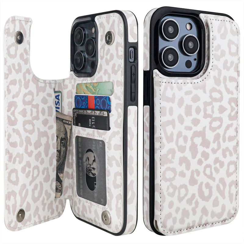 HAOPINSH iPhone 14 Pro Max Wallet Case, White Leopard Pattern, PU Leather Kickstand, Card Slots, Double Magnetic Clasp, 6.7" Shockproof