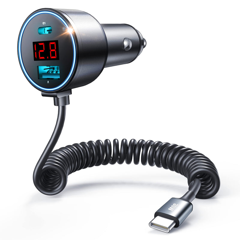 USB C Car Charger, 75W Metal 3-Port Super Fast Car Charger Adapter PD & QC3.0 Built-in 6ft Type C Coiled Cable for Samsung Galaxy S22/21 iPhone iPad Pro Pixel Android Phones Black