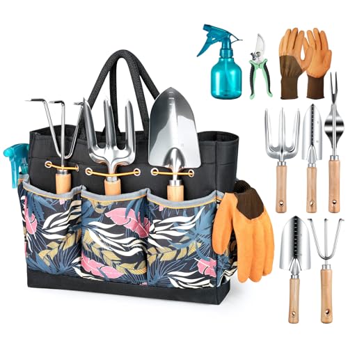 Grenebo 9-Piece Gardening Tools Set with Fashion Handbag, Black Orange