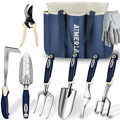 Aimerla Gardening Tools Set of 9 Heavy Duty Garden Tools with Non-Slip Rubber Grip with Large Garden Bag, Durable for Garden, Weeding, Gifts for Women,Men Blue