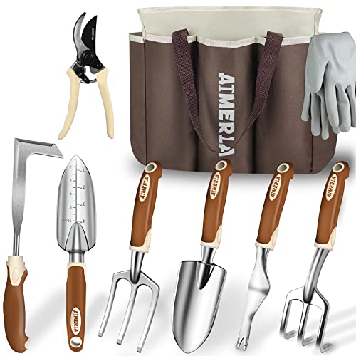 Aimerla Gardening Tools Set of 9 Heavy Duty Garden Tools with Non-Slip Rubber Grip with Large Garden Bag for Tools Durable Hand Tools for Gardening, Weeding,Gardening Gifts for Women,Men Brown