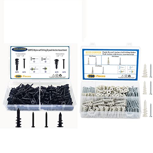 Drywall Anchors Self Drilling Hollow Wall Anchors with Screws, White Set 260 PCS, Black 260 PCS