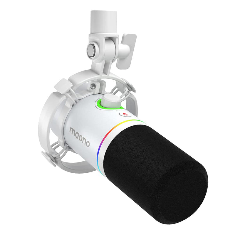 MAONO XLR/USB Dynamic Microphone, RGB Gaming Mic with Software, Mute, Gain Knob, Volume Control and Headphone Jack for Streaming, Podcasting, Recording-PD200X (White) White