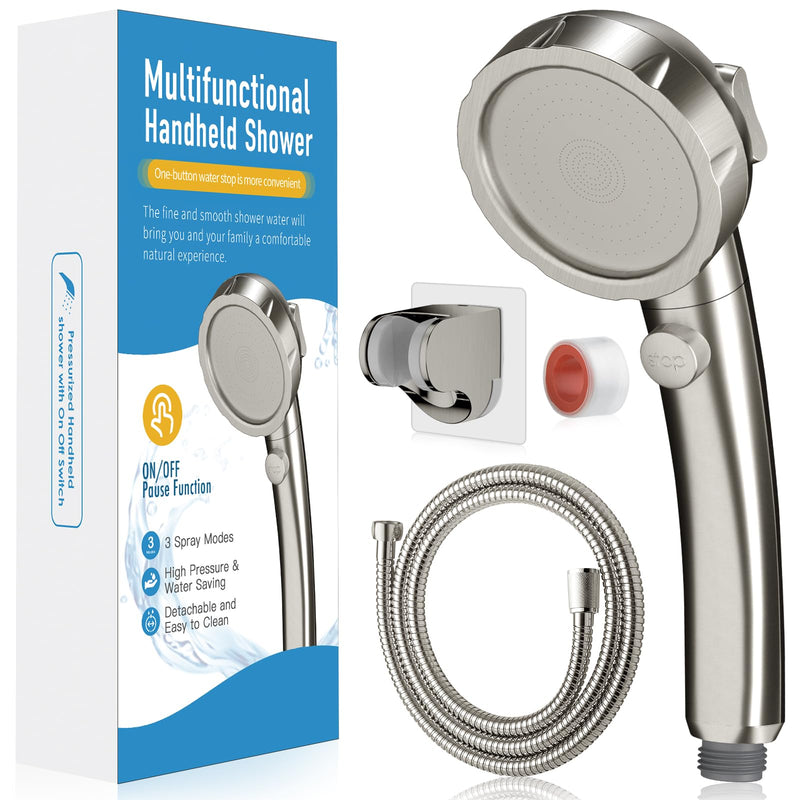 High Pressure Shower Head with Handheld, On Off Shower for RV, Water Saving Shower Head with Stop Button and 3 Modes, Detachable RV Shower Head with Hose and Bracket (Brushed Nickel) Brushed Nickel