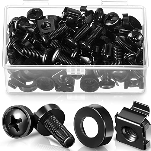 100 Pack M6 x 16 mm Rack Mount Cage Nuts, Screws and Washers Stainless Steel Black Server Rack Screws Square Insert Nuts for Audio Server Console Mounting Routers, Shelves, Enclosures, Cabinets