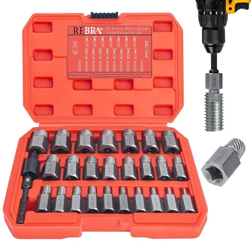 REBRA 27-Pieces Screw Extractor Set, 3/8" Inch Impact Double Head Easy Out Bolt Remover Kit, Hex Head Multi-Spline for Removing Stripped, Rounded, Damaged, Broken Screws, Bolts, Studs