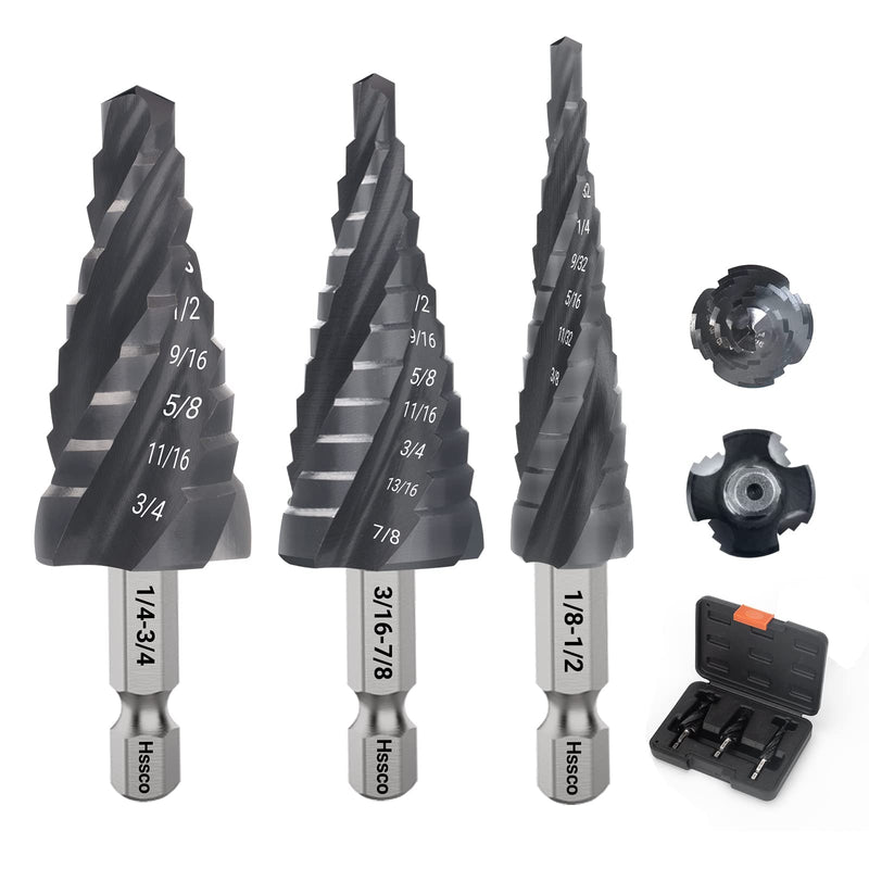 MABLEVI M35 Four Spiral Flute Cobalt Step Drill Bit Set 1/8"-7/8", Wear-Resistant TiAlN Coated 1/4" Hex Shank Unibit Step Bit for Metal, Stainless Steel, Aluminum, Wood, Plastic（3Pcs） 1/8"-7/8" (3PCS)