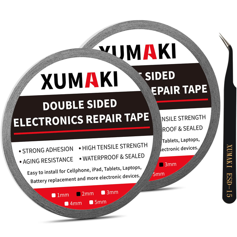 XUMAKI 2mm / 3mm x 50M LCD Repair Tape Phone Screen Adhesive Tape LCD Touch Screen Repair Tape with 1 Tweezers for Cell Phone, iPad, Tablets, Laptops, LCD Screen 2mm+3mm