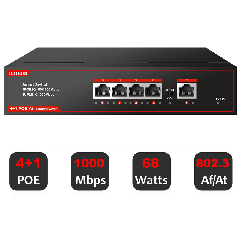 5 Ports PoE Gigabit Switch, 4-Port PoE Switches with 1 Uplink 1000Mbps Port, IEEE 802.3af, Plug and Play, VLAN Mode Unmanaged Ethernet Splitter Network in Metal Case, Wall Mount,Red / Black 5 Ports丨4 PoE+1 Uplink