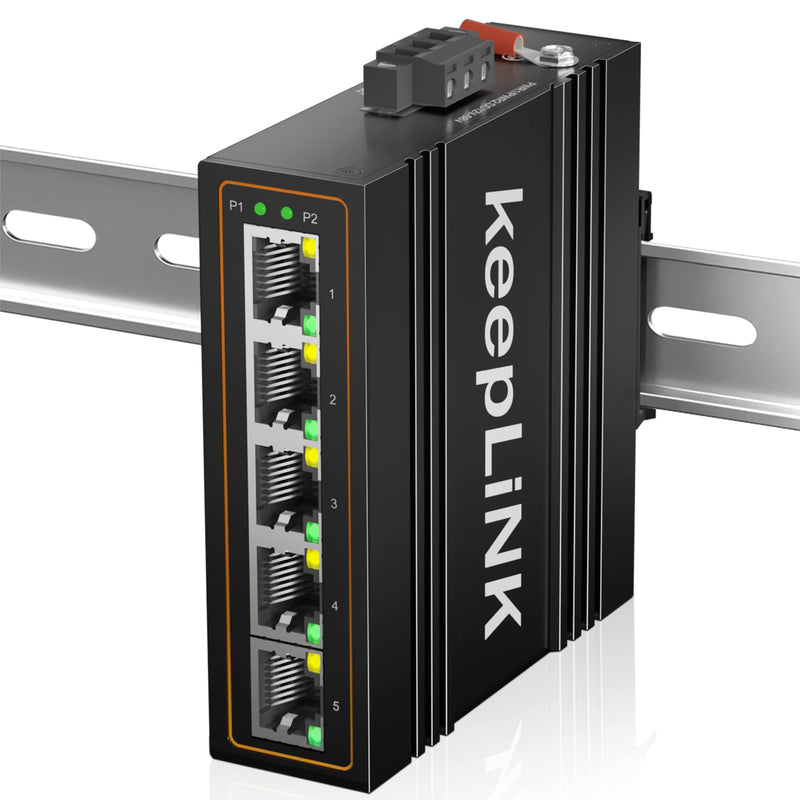 5-Port Industrial Ethernet Switch, Unmanaged 10/100Mbps DIN-Rail Network Switch, IP40, Operating Temperature Range of -30°C– 75°C (-22°F – 167°F) 5 port switch