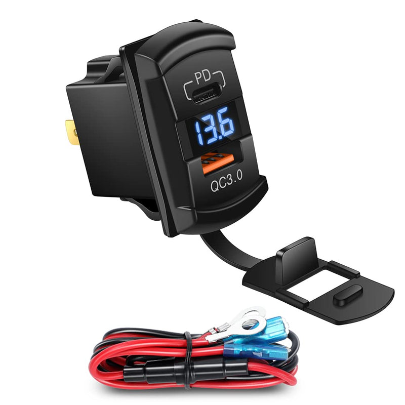 CNAODUN USB Rocker Switch USB C Charger Socket with Waterproof Cover Dual PD and QC3.0 12V/24V Blue Led Voltmeter for Rocker Type Marine Switch Panel On Marine Rv Vehicles… Type C+QC3.0