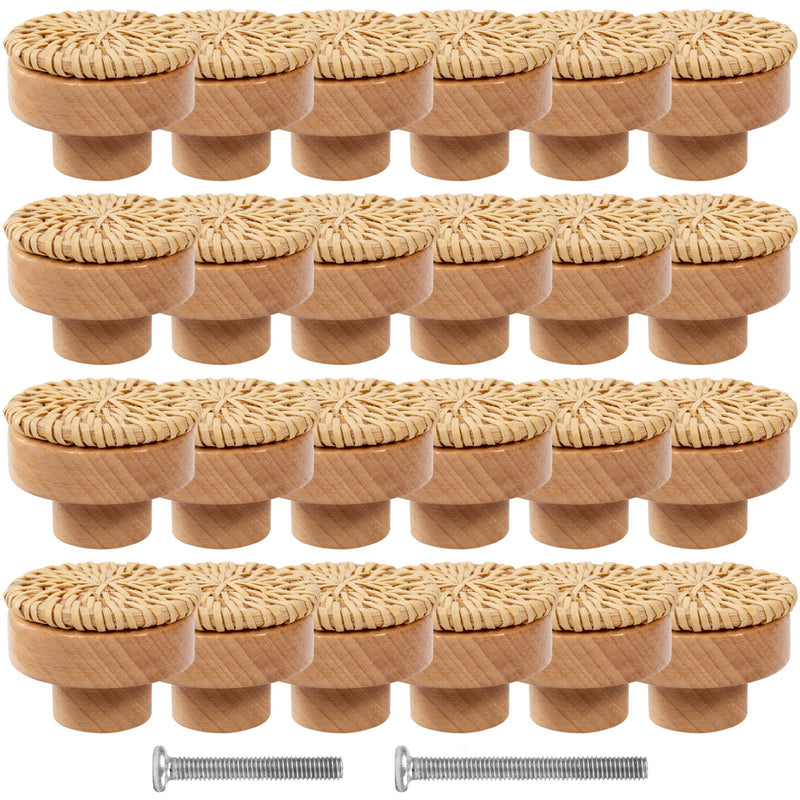 ANPHSIN 24 Pack Boho Rattan Cabinet Dresser Knobs- Durable Beech Wood Drawer Knobs, Decorative Handmade Wicker Woven Pulls Handles with 48 Screws for Home Furniture Round Rattan (24 pcs)