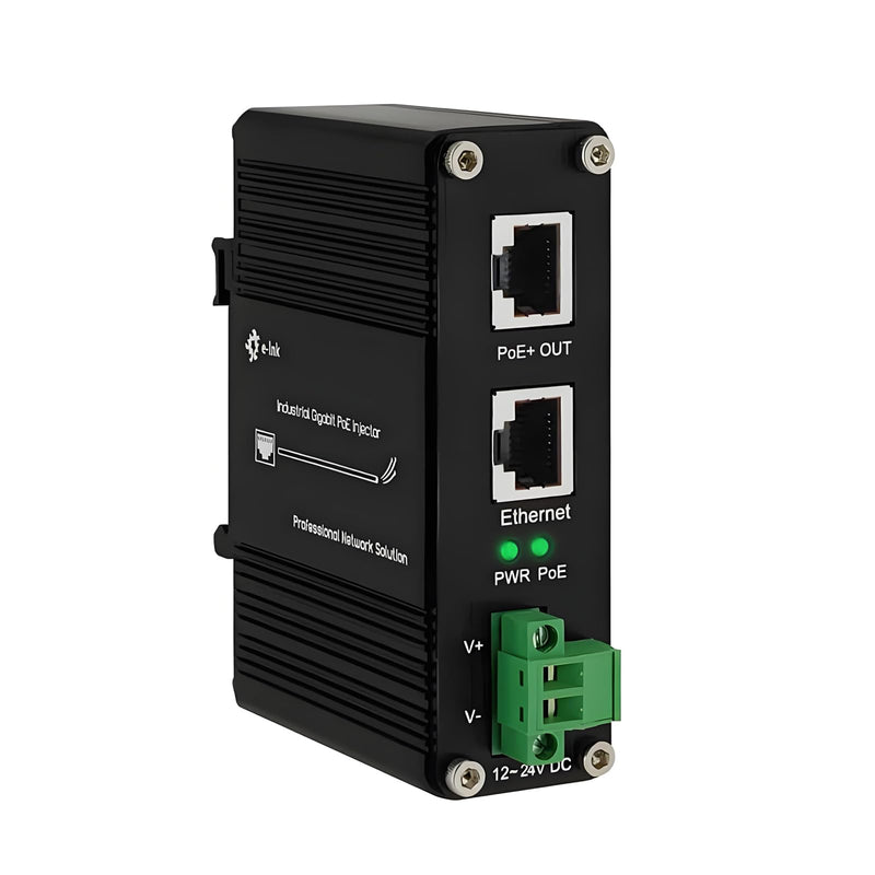 Industrial Gigabit Passive 24V PoE Injector Hardened PoE Adapter with 12-24V DC Input 24V PoE Output DIN- Rail /Wall Mount Industrial Passive 24V PoE Injector