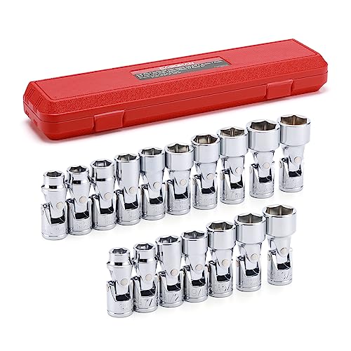 CASOMAN 17PCS 3/8" Drive Universal Flex Socket Set, SAE&Metric, 3/8" to 3/4", 10mm to 19mm, 6-Point, CR-V, Swivel Head, 360 Degree Access 3/8"Dr. Metric & SAE