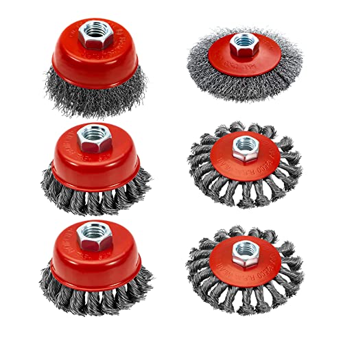 AUPREX 4 1/2" Angle Grinder Wire Wheel Set - 4 Inch & 3 Inch Knotted Coarse Crimped Wheels, Cup Brush with 5/8-11UNC Threaded Arbor