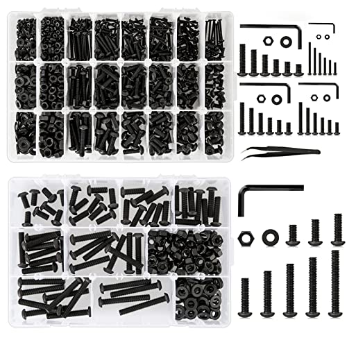 M2 M3 M4 M5 M6 Hex Button Head Cap Screw Bolts and Nuts Kit, 10.9 Alloy Steel Nuts and Bolts Assortment Kit Black Metric Machine Screws