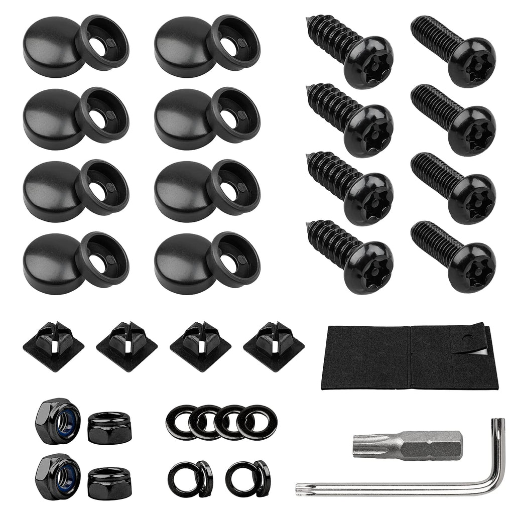 License Plate Screws Kits, Black Anti Theft Mounting Hardware for Car Tag Plate Frames Covers, M6 (1/4") Tamper Proof Screws, Fastener Nut, Caps Cover for Front Rear Frame Holder Mounting