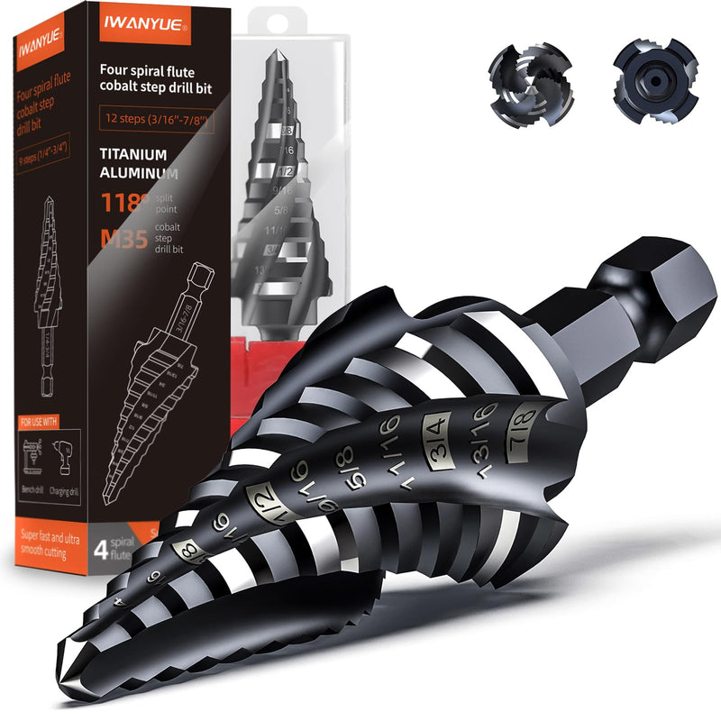 M35 Cobalt Step Drill Bit Set, Four Spiral Flute Cobalt Step Drill Bit, 3/16”-7/8" Impact Unibit Bit,for for Stainless Steel, Wood,Stainless Steel, Wood 3/16”-7/8"