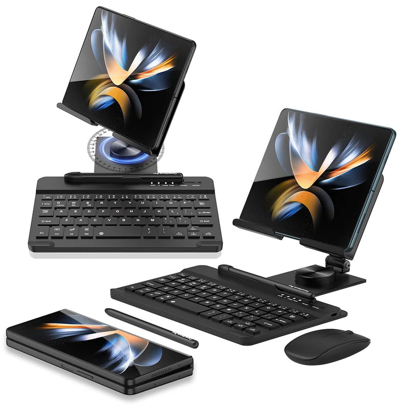 SHIEID Galaxy Z Fold 7 360° Rotating POS Tablet Stand, Zip Pull-Out, Integrated Folding Design Set with Folding Bracket, Keyboard, Mouse, Capacitor Pen–Compatible with Galaxy Z Fold7//6/5/4/3, Black Stand Bluetooth Keyboard Black-4-Piece Set