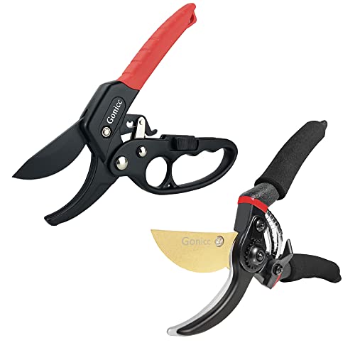 gonicc 8" Professional Ratchet Anvil Pruning Shears (GPPS-1011) and Premium Titanium Bypass Pruning Shears (GPPS-1003), Ratcheting Mechanism, Anvil Groove Design, Garden Shears Clippers, Anvil Pruner,