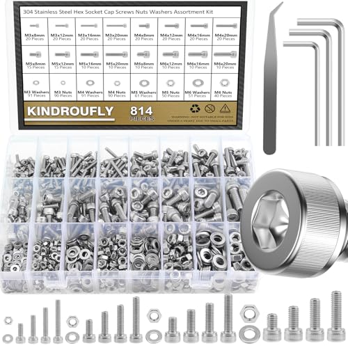 814 Pieces Socket Head Cap Screws Nuts Washers Kit, Kindroufly M3 M4 M5 M6 Screw Assortment Kit, Metric Screw Set, Bolts and Nuts, Machine Screws, 304 Stainless Steel, Fully Machine Thread M3/M4/M5/M6