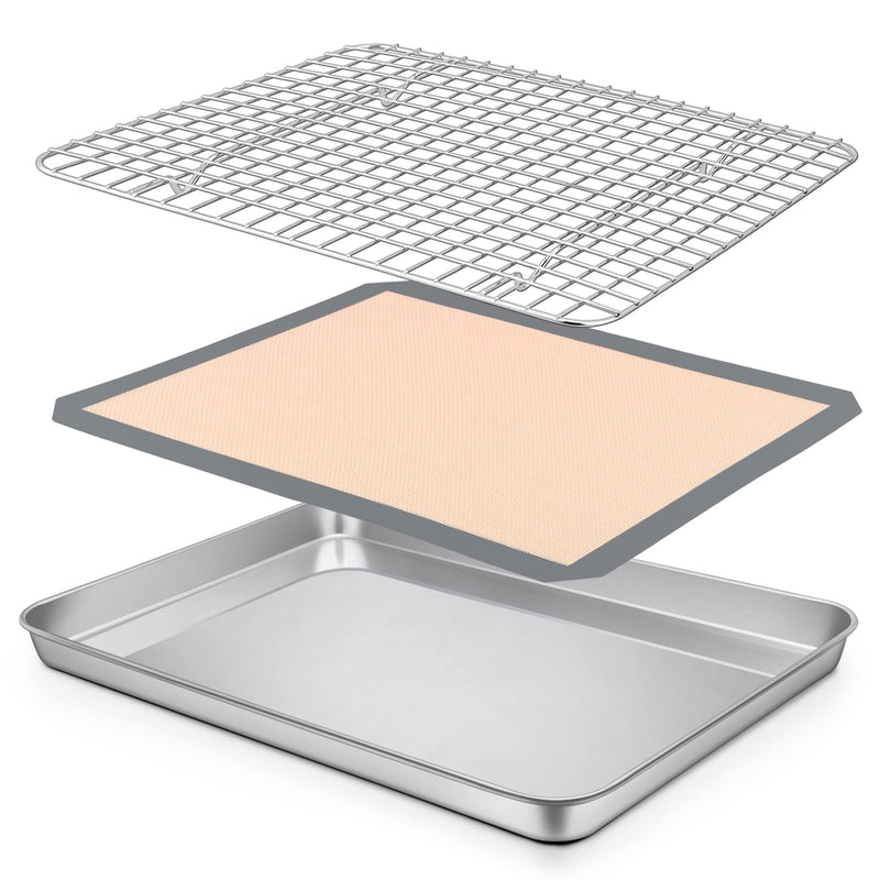 P&P CHEF 12.5 x 9.7 x 1 Inch Toaster Oven Pan with Grid Rack and Silicone Mat, Stainless Steel Toaster Oven Tray Baking Pan with Cooling Roasting Rack, Dishwasher Safe (3Pcs)