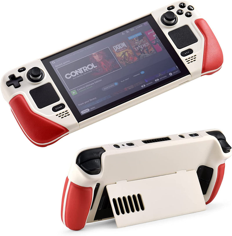 UYIYE Kickstand Case for Steam Deck White Red - Protective and Reliable Accessory with Stand Function Beige/Red NEW-White+Red