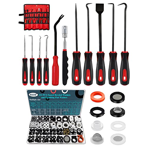 KEZE 233 pcs Bevel Washer and Plumbing Flat Head Washers Assortment Kit and 11 Pcs Precision Pick & Hook Set for O Rings Faucet Automotive Hydraulic Pipe Repair