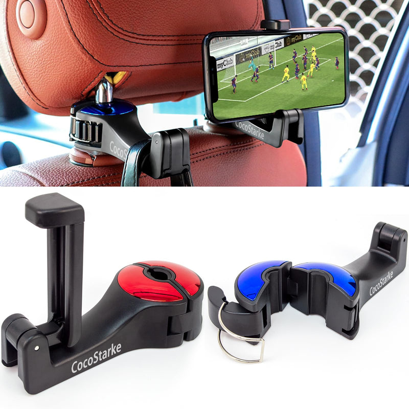 2 in 1 car headrest Hidden Hook with Cell Phone Holder Car Back Seat Hook Universal for Purses and Bags 360° Rotation Adjustable Hanger Rear Hook for Car Seats Silve (red &Blue) red &blue