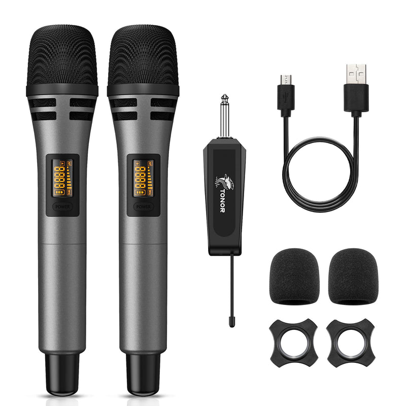 TONOR Wireless Microphones, UHF Dual Karaoke Microphone System, Microfonos Inalambricos with Rechargeable Receiver, Cordless Dynamic Mic Micro Set for Singing, Wedding, DJ, Party, Speech TW320 Grey Dual Mic Grey