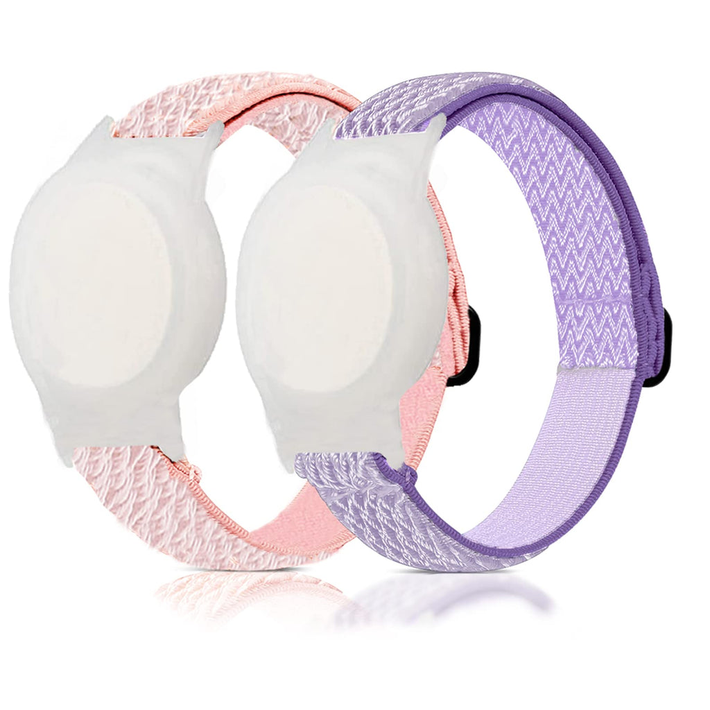 2 Pack AirTag Bracelet for Kids, Nylon Wristband for Apple Air Tag Anti Lost GPS Tracker Holder with Protective Case Strap for Children, Adjustable Watch Band for Toddlers Girls Boys Elders Pink+Purple