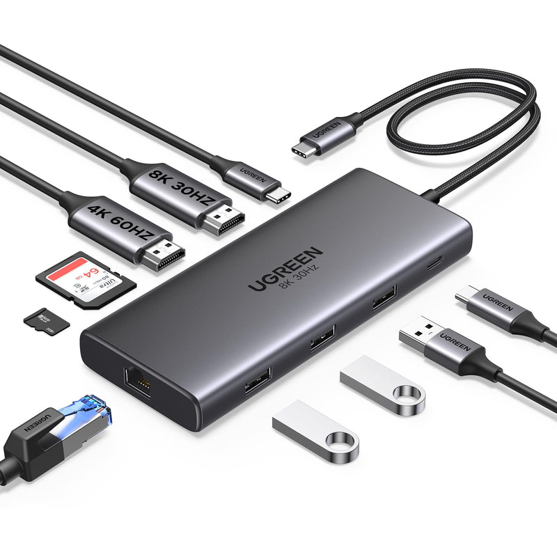 UGREEN Revodok Pro 210 Docking Station 10 in 1 USB C Dock Dual HDMI 4K@60Hz Single 8K@30Hz 100W PD 5Gbps USB C and USB A Data Ports Gigabit Ethernet, SD/TF Card Reader USB Hub Compatible for HP, Dell