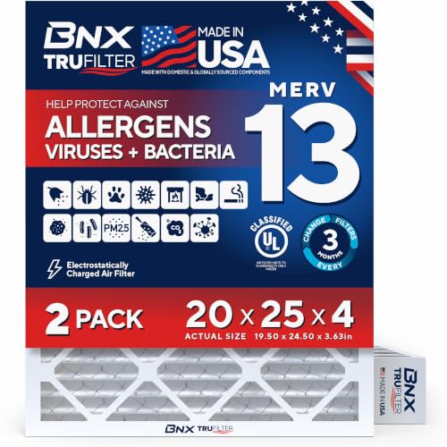 BNX TruFilter 20x25x4 (19.5’’ x 24.5’’ x 3.63‘’ Slim Fit) MERV 13 Air Filter (2-Pack) - MADE IN USA - Air Conditioner HVAC AC Furnace Filters Health, Allergies, Mold, Bacteria, Smoke, MPR 1900 FPR 10 20x25x4 (Slim Fit)