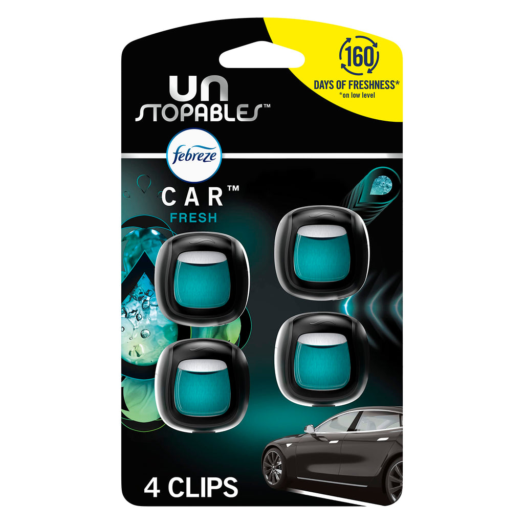 Febreze Unstopables Car Odor-Fighting Car Freshener Vent Clip Fresh Scent, .07 oz. Car Vent Clip, Pack of 4 0.07 Fl Oz (Pack of 4) UNS Fresh