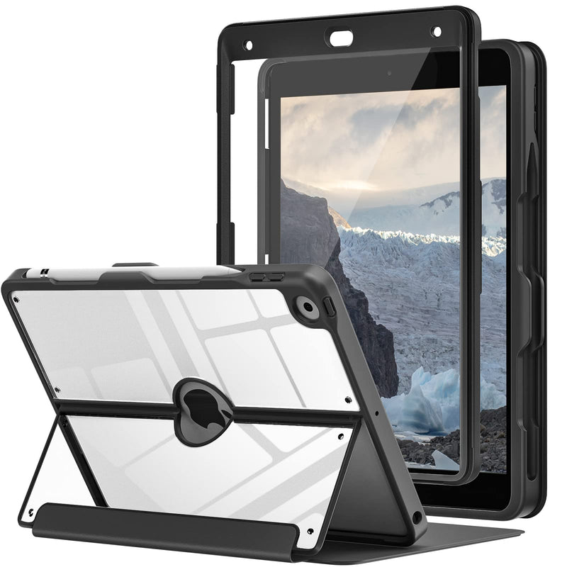 MoKo Case for iPad 9th Generation with Pencil Holder, iPad 8th/7th Gen Case 10.2-inch, Built-in Screen Protector Clear Back, Stain Resistant Multi Angle Viewing Stand, Auto Wake/Sleep, Black