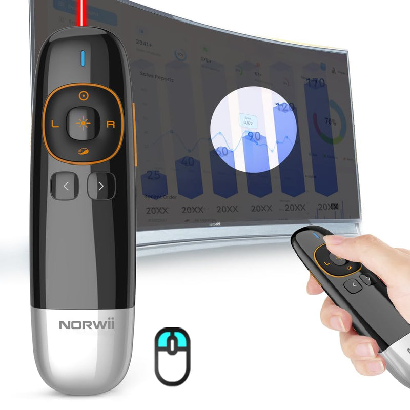 Norwii N86s Ergonomic Wireless Presenter Clicker for LED LCD TV Screen with Digital Pointer, Air Mouse Presentation Clicker for PowerPoint, Presenter clicker with Highlighting Magnify -50M