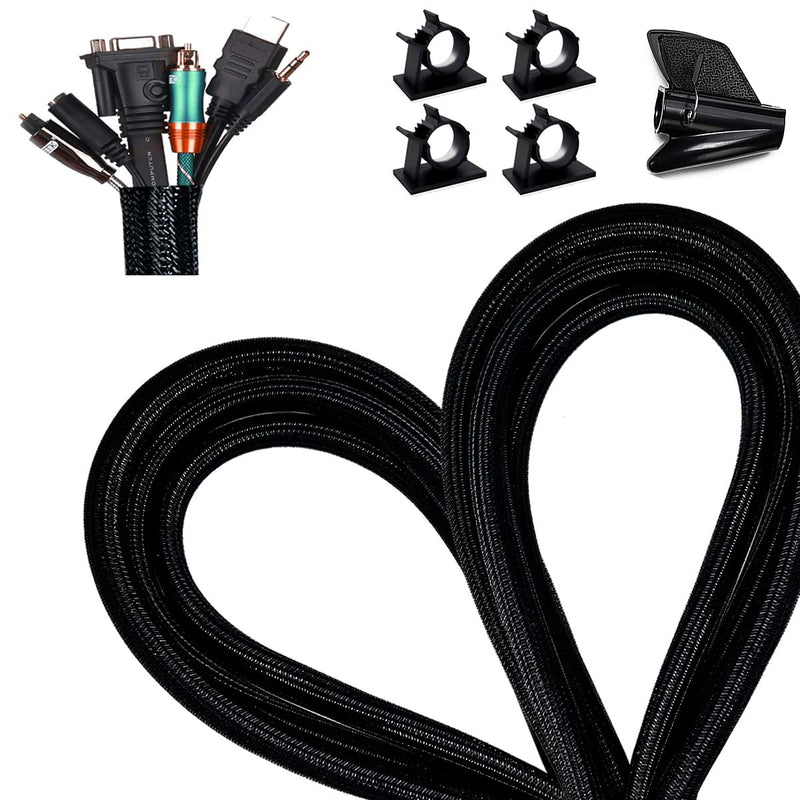 Fanoshon 13 1/8ft -5/8Inch Cable Management Sleeve Split Black Cord Protectors Cat Dog Pet Proof - Braided Self-Closing Wire Loom Tubing for Desk PC/TV/Computer/Home Theater/Engine Bay Wire Organizing 16MM -1PACK Black 04