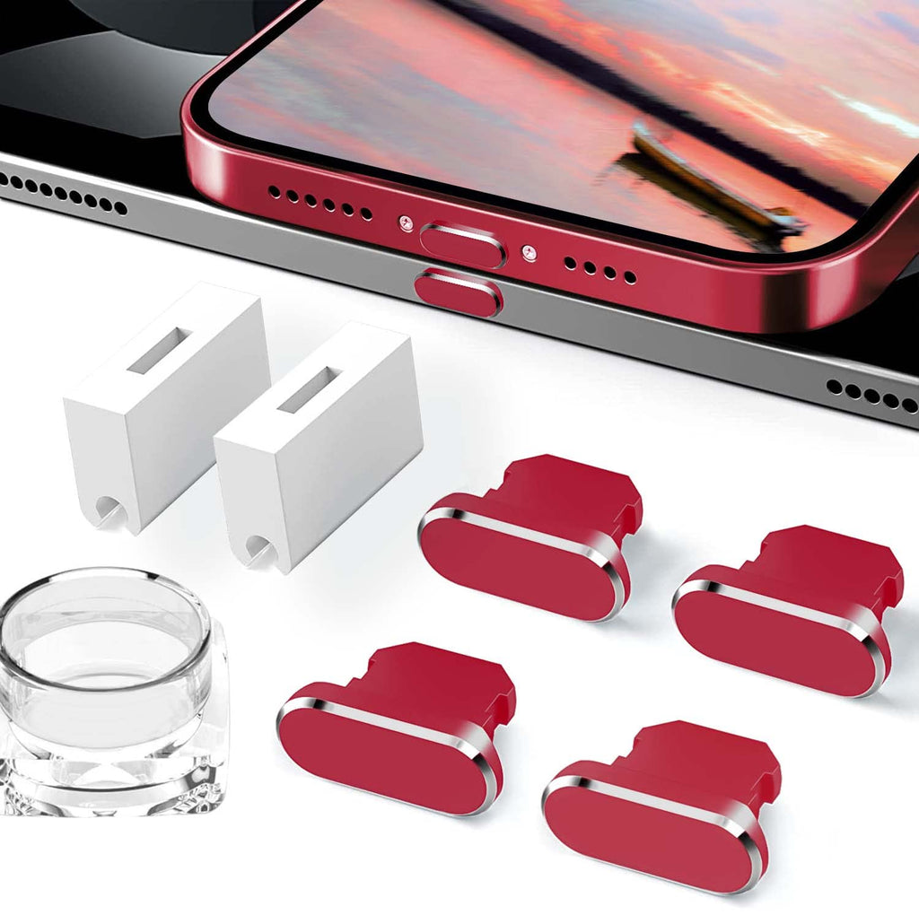 4 Pack Dust Plugs Red Charging Port Protectors Covers Compatible with iPhone 14 13 12 11 Plus Pro Max iPad Airpods, Dust & Water Resistant, Wireless Charger & Phone Case Friendly, Anti Lost 03 Red