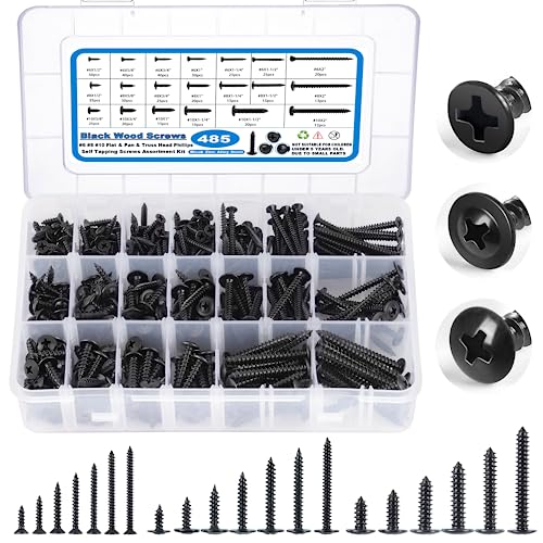 SATANTECH 485Pcs Black Wood Screws Assortment Kit, #6#8#10 Round Head & Truss Head & Flat Head, Self Tapping Screws, 20 Sizes Black Steel Length 1/2 to 2 inch #6#8#10 Truss/Round/Flat Head