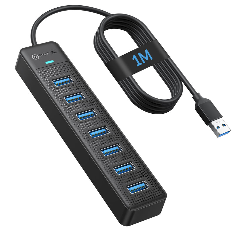 PHIXERO 7 Port USB Hub, 3.3FT/1M Long Cable USB 3.0 Hub Multi USB Port Hub Adapter Extension USB Splitter USB Hub for PC, Compatible with All USB 3.0/2.0/1.1 Device 1m Cable