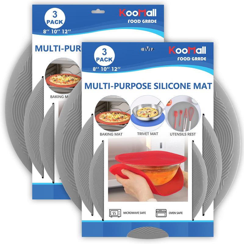 Pack 2,KooMall 12 10 8 Inch Multi-use Microwave Mat, Trivet, Pot Holders, Drying, Baking, Place Mat, Utensils Rest, Silicone Cover Pad for Hot Pot Pan,Plates Dishes Kitchen Counter,Heat Resistant,Gray 2pack 12+10+8 Gray