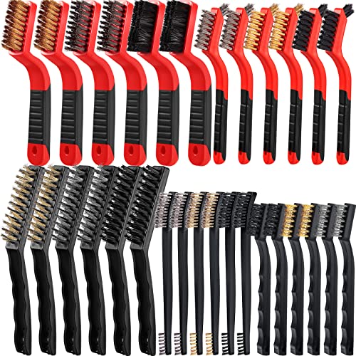 Sumind 30 Pcs Wire Cleaning Brush Set, Metal Brush with Curved Handle Nylon, Brass, Stainless Steel