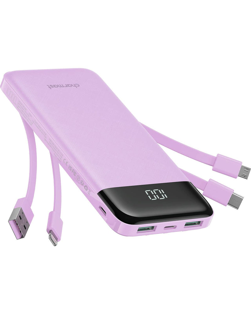 Portable Charger with Built in Cables, Portable Charger with Cords Wires Slim 10000mAh Travel Essentials Battery Pack 6 Outputs 3A High Speed Power Bank for iPhone Samsung Pixel LG Moto iPad D-Purple