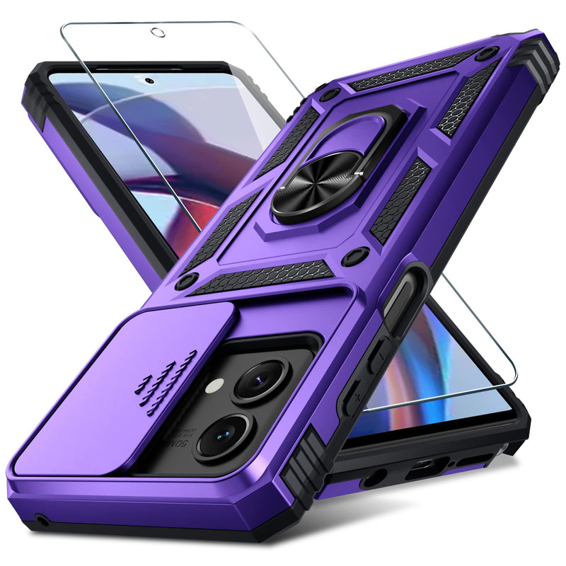 Janmitta for Motorola Moto G Stylus 5G 2023 Case[Not for 2022 Version] Built in Slide Camera Lens Cover+Screen Protector+Finger Ring Holder Kickstand,Heavy Duty Shockproof Full Body Cover,Purple Moto G Stylus 5G 2023(6.6 inch) Purple