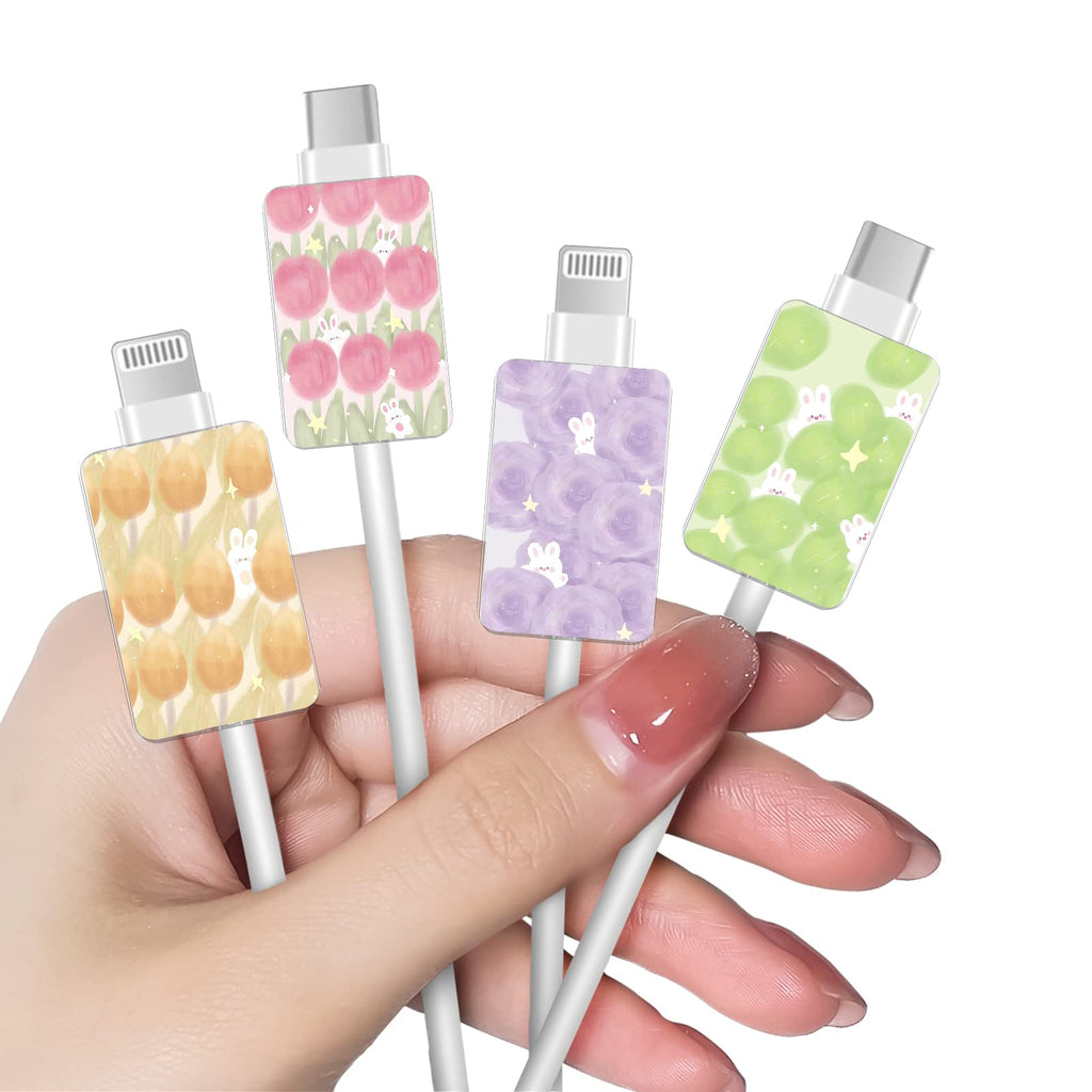 Cute Floral Cable Protector for iPhone Charger for Women Girls Kids Kawaii Funny Rabbit Flowers Bunny Pattern 4 PCS Set Phone Cable Protector,Cord Saver,Cable Chomper,Type-c Cable Wire Protector